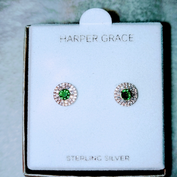 Sterling silver lab created Emerald CZ earrings - Picture 4 of 12